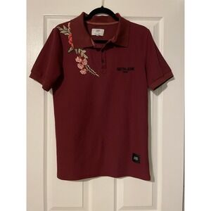 Sixth June Polo Shirt Mens L Red Floral Embroidered Roses Paris Short Sleeve